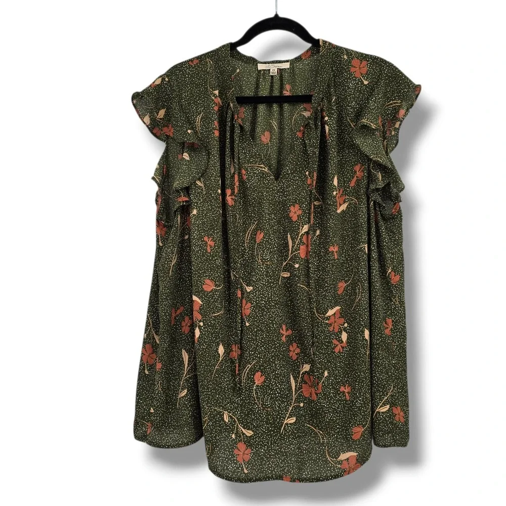 Les Serein Womens 2X Olive Green Floral Ruffle Cap Sleeve V-Neck Tie Blouse - Picture 1 of 10